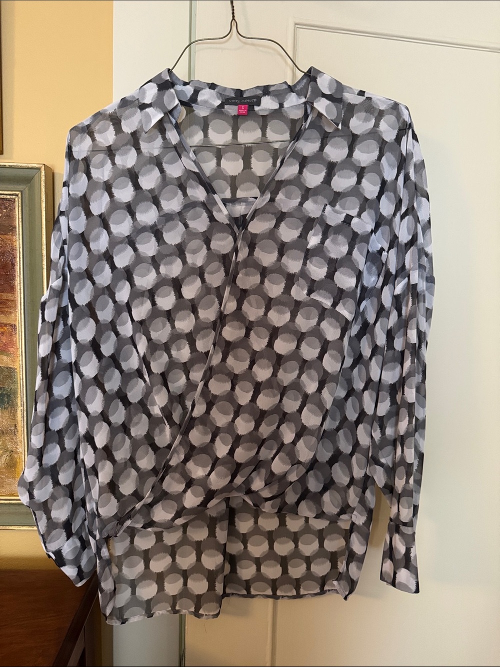 Vince Camuto Grey and White Polka Dot Surplice Blouse